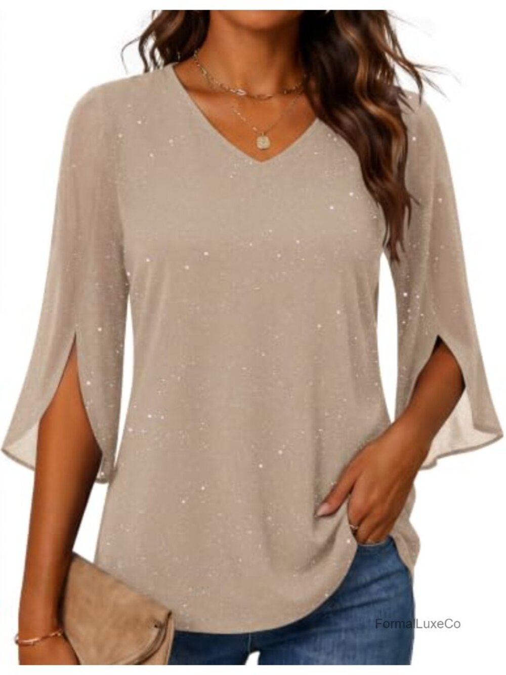 Zeagoo 3/4 Sleeve Mesh Sequin Top V Neck Double Layer Tunic